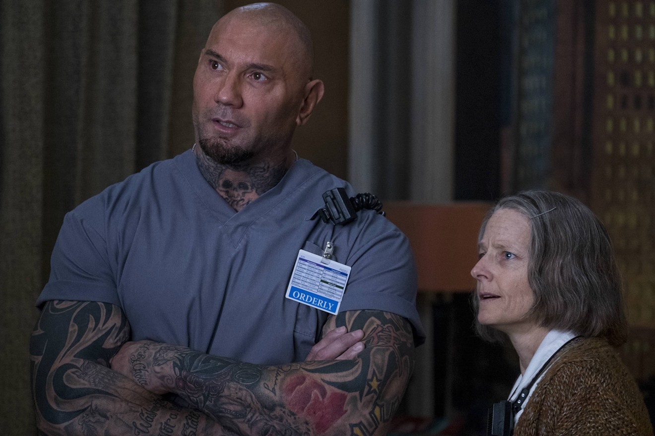 The all-star cast in Hotel Artemis includes Dave Bautista (left) as grumpy orderly Everest and Jodie Foster as Jean Thomas/The Nurse, a character who is essentially a prisoner in the decrepit art deco building.