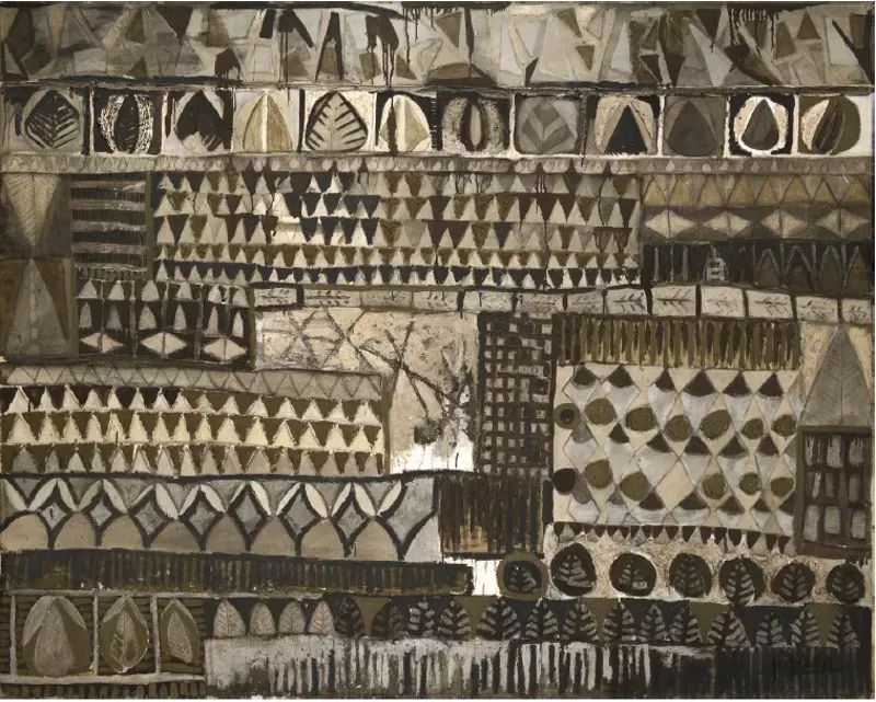 Image: Landscape I (1995), with its network of lean gray strokes, uses mixed media on canvas.