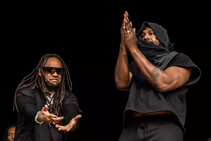 Image: Ty Dolla Sign and a hooded Kanye West on stage at the Vultures Rave in Miami