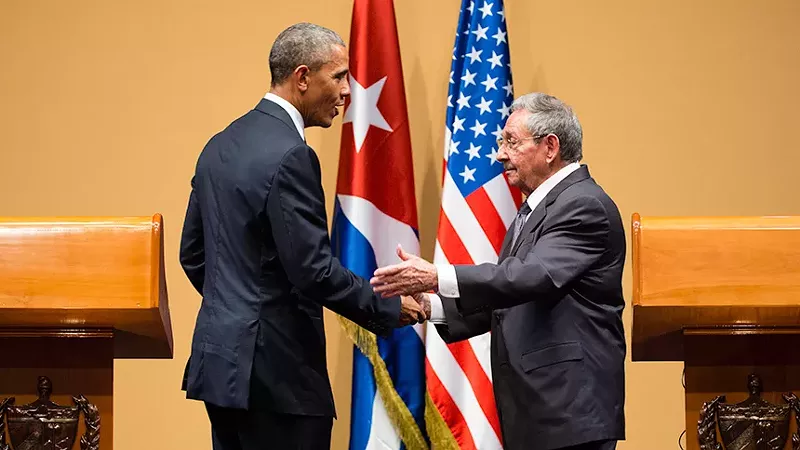 Image: President Obama shakes hands with Cuban President Raul Castro in Havana, Cuba.