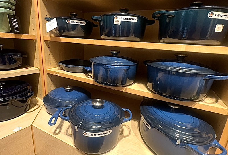 An array of Le Creuset cookware in a Williams Sonoma store in Miami, Florida
