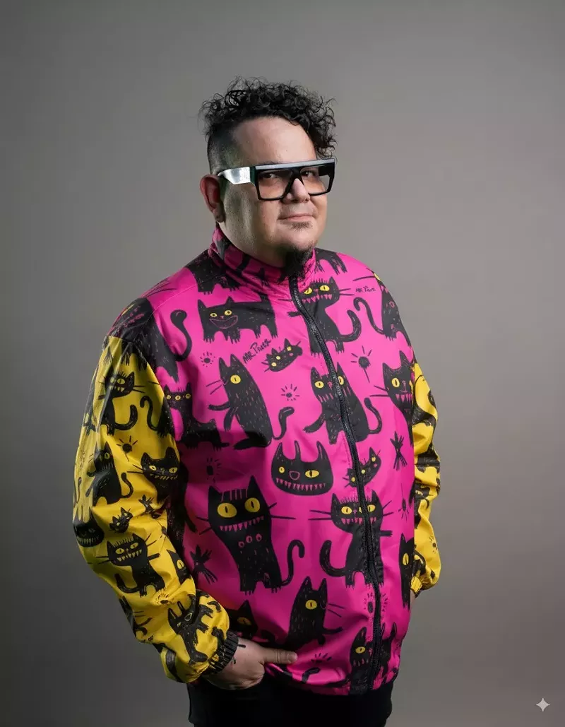 Image: Portrait of a man wearing glasses and a colorful jacket.