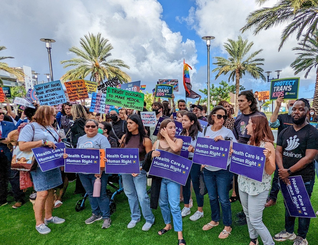 Protesters gather outside the Marriott Fort Lauderdale Airport hotel where the Florida Board of Medicine held a meeting on August 5, 2022 to consider proposed rules to ban gender-affirming medical care for minors.