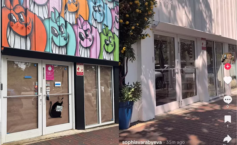 Image: A collage of shuttered Miami Fine Art Gallery with smiley faces painted on the front (left) and all white Brandy Melville store (right).