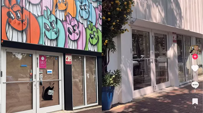 A collage of shuttered Miami Fine Art Gallery with smiley faces painted on the front (left) and all white Brandy Melville store (right).