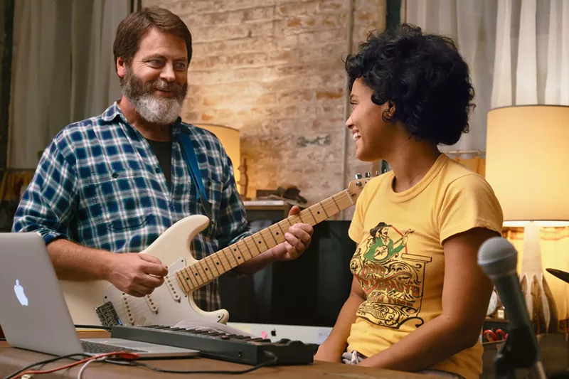Image: Nick Offerman (left) plays record store owner Frank, whose daughter Sam (Kiersey Clemons) is about to go to UCLA as a premed student, in director Brett Haley's new film Hearts Beat Loud.