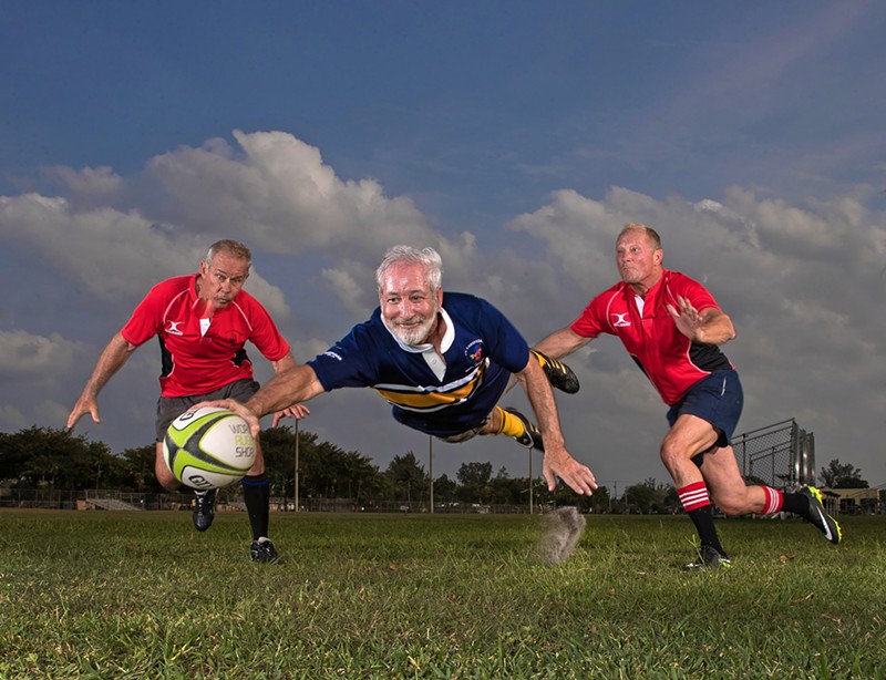 Greenberg, a college rugby player, still plays the high-contact sport in his golden years.