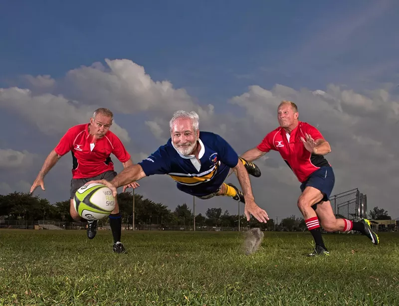 Image: Greenberg, a college rugby player, still plays the high-contact sport in his golden years.