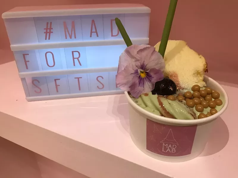Image: A glittery matcha/chocolate swirl ice cream with Japanese cheesecake at MadLab Creamery.