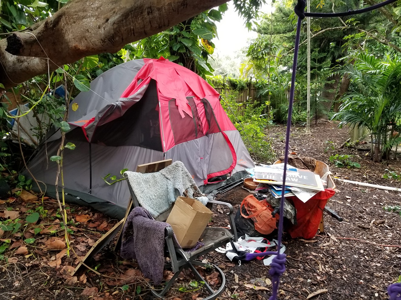 Brandon Hudspeth's tent was cut open and its rain tarp removed at the hippie commune in North Miami he was living in.