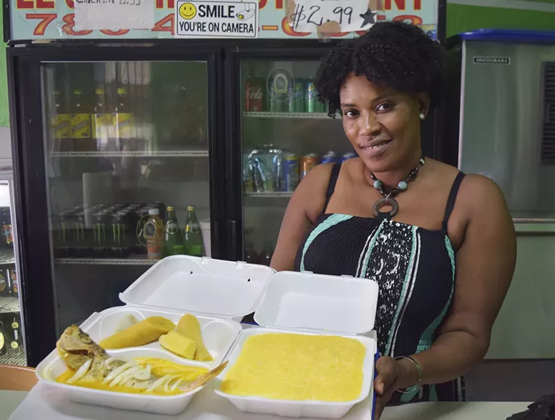 Image: Marleine Jourdaine serves mais with banana and fish at Le Jardin in Little Haiti.