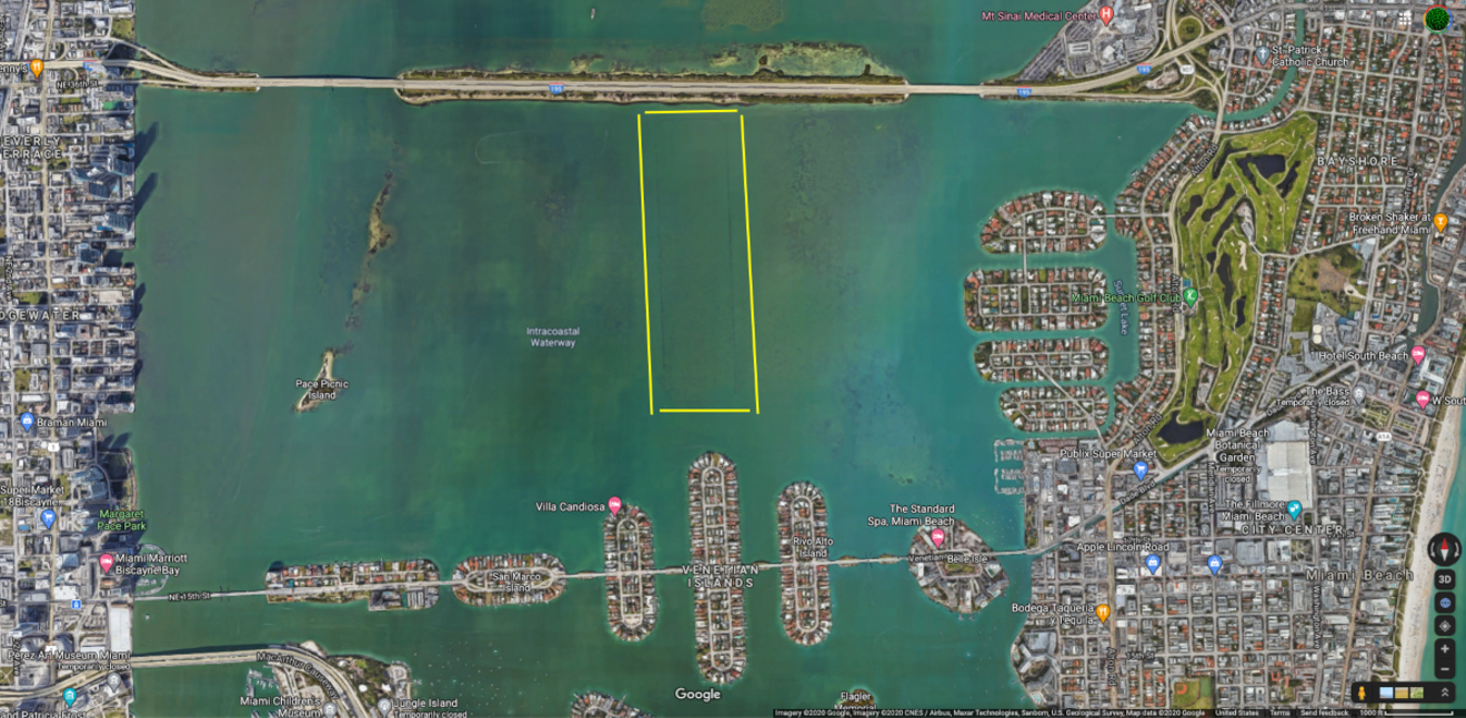 The stakes in Biscayne Bay can be seen from Google Earth