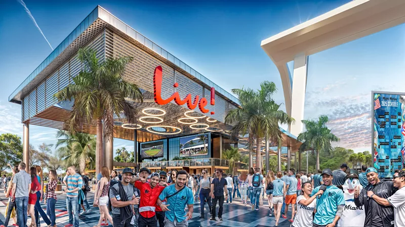 Image: Rendering of an entertainment venue with fans in Marlins shirts scattered around the complex. A neon sign in red letters reads, "Live!"
