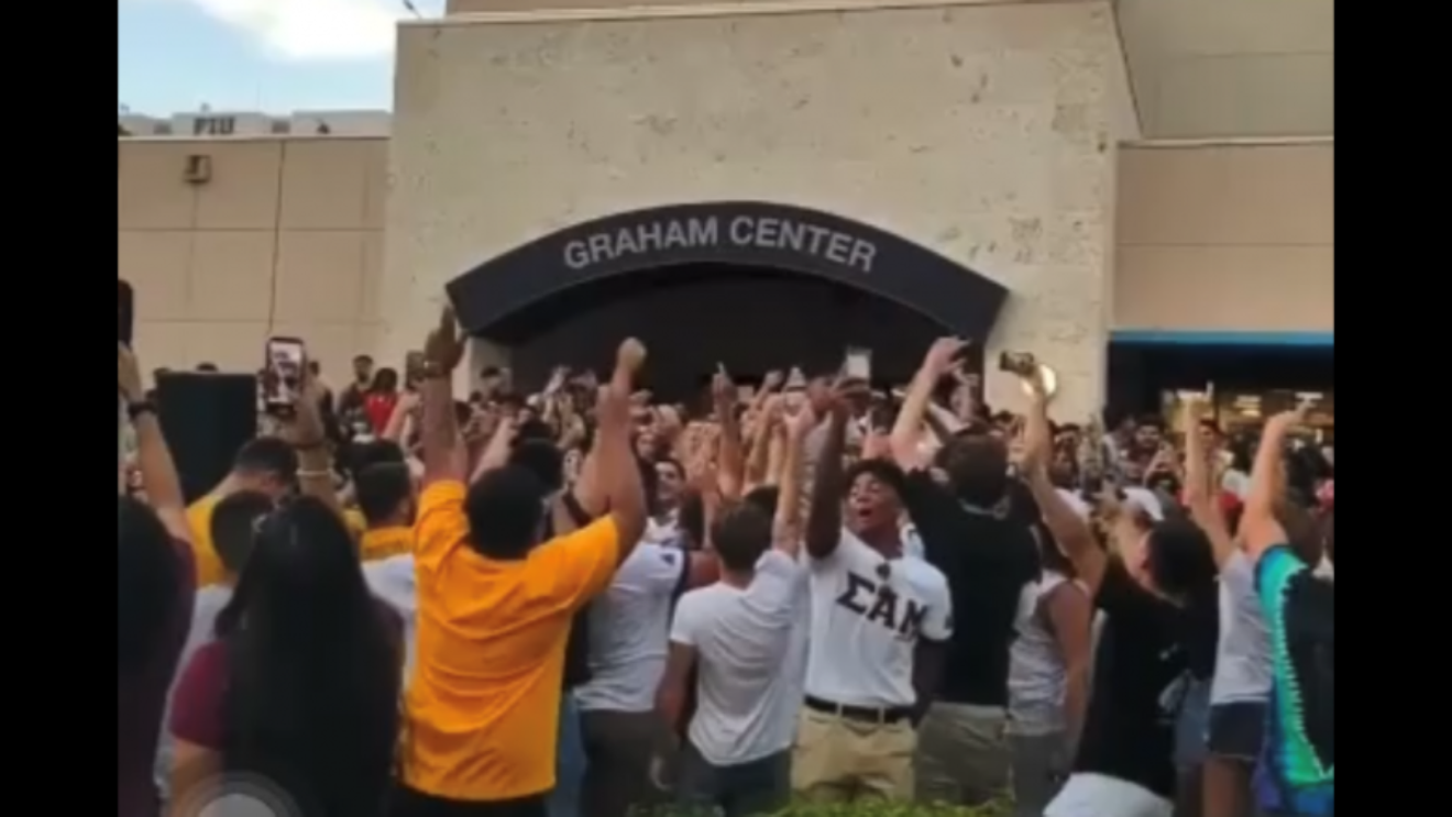 Hundreds of students from FIU's fraternities and sororities crowded in front of the student union without masks during one of the first on-campus celebrations this fall semester.