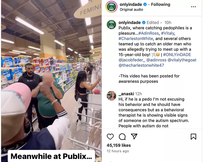 Image: screenshot of instagram post showing a man in a green shirt covering his ears. the man's face is blurred.