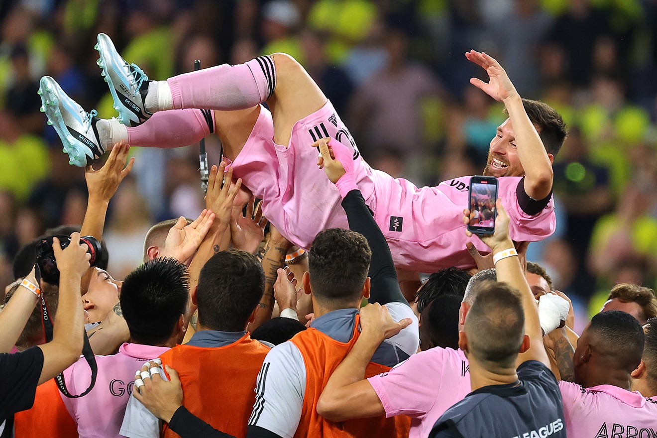 Inter Miami teammates hoist Lionel Messi following their win in the Leagues Cup final on August 19, 2023.