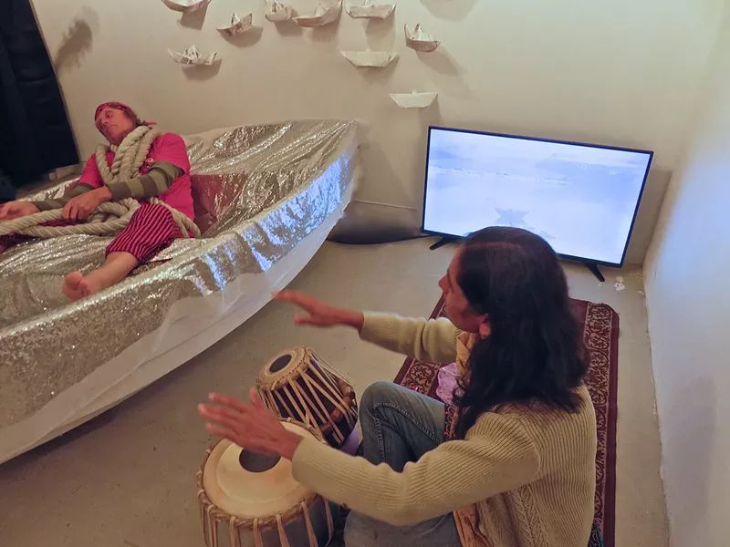 Image: Rehearsal performance of for all boat people with Peter Eves and Dr. Sonali Saha