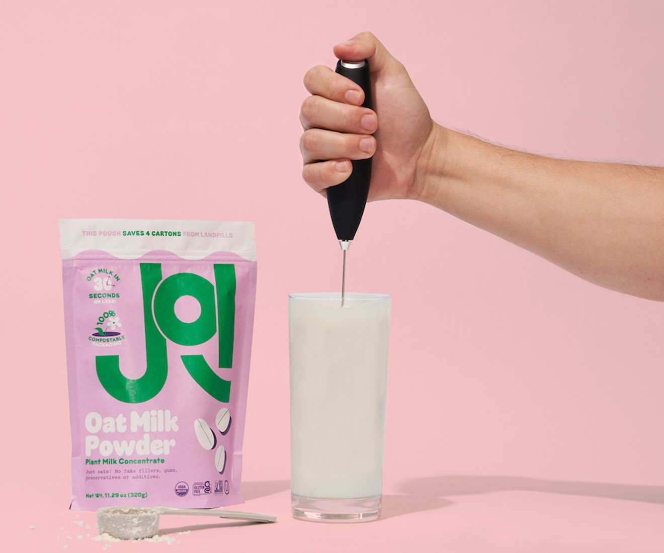 Joi powdered oat milk is the first dairy alternative to come in fully compostable packaging.