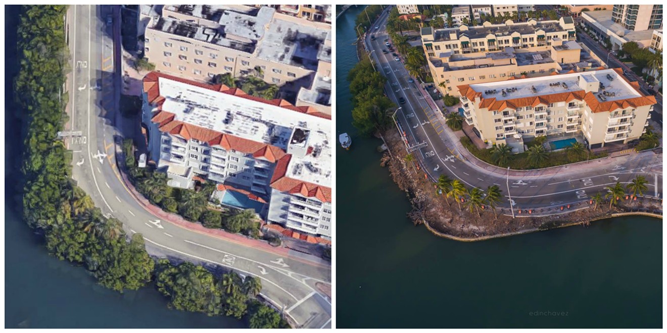 Before and after: Indian Creek Drive at 26th Street in Miami Beach.