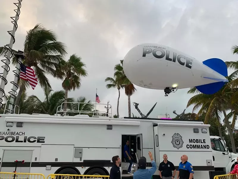 Image: This "tethered aerostat" blimp monitored Miami Beach crowds on December 28.