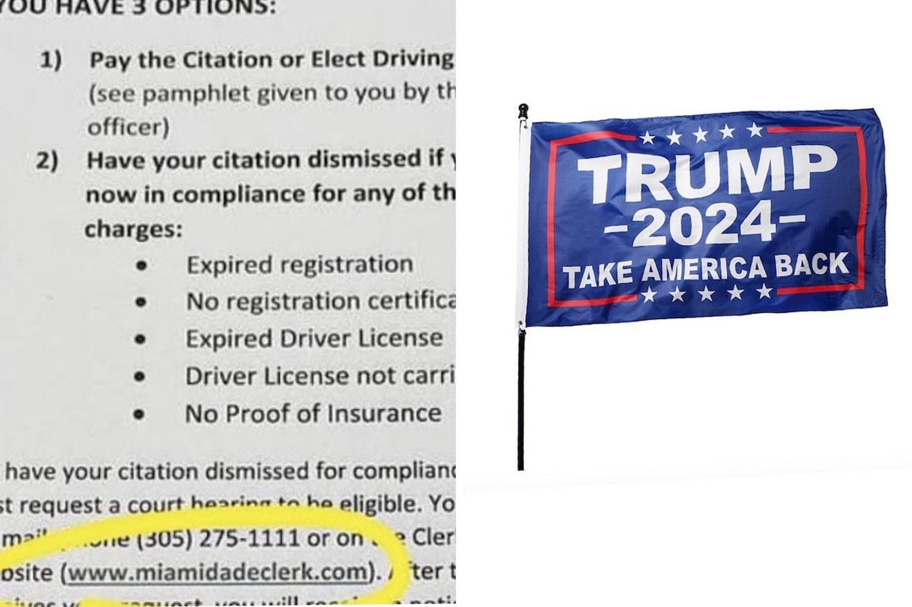 A hyperlink typo on Miami Beach Police Department instructions on how to pay traffic infractions (left) redirected users to a site hawking MAGA merch (right).