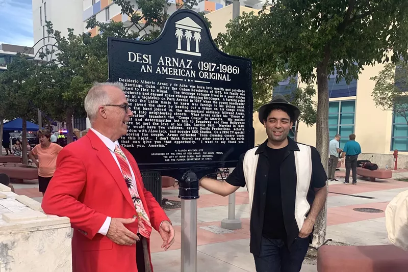 Image: Gary McKechnie and Raj Tawney in front of the Desi Arnaz historical marker