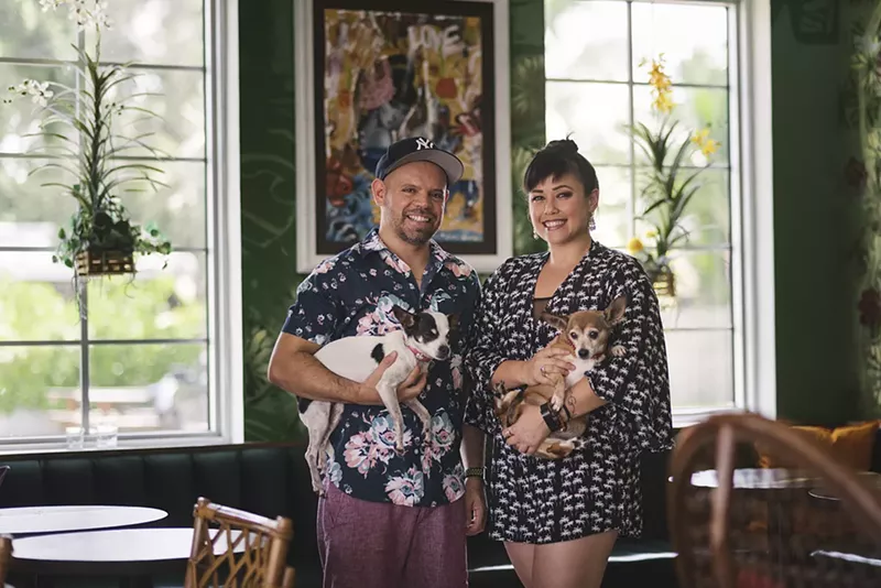 Image: Phuc Yea's Cesar Zapata and Aniece Meinhold with Sophia and Lola. View more photos of chefs and their dogs here.