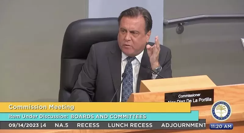 Image: Miami Commissioner Alex Díaz de la Portilla appears at a city commission meeting hours before his arrest on September 14, 2023.