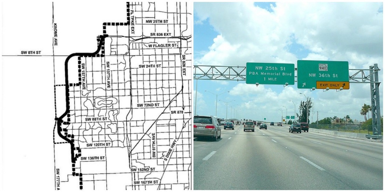 A map shows Mayor Gimenez's proposal to push the Dolphin Expressway past the Urban Development Boundary.
