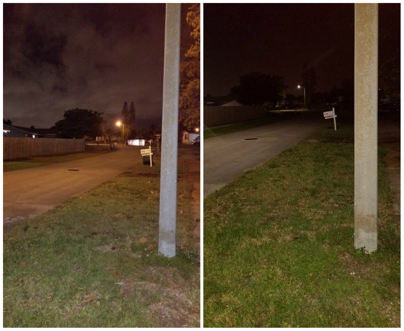 Before LED installation (left) and after (right). Light poles are about 300 feet apart.