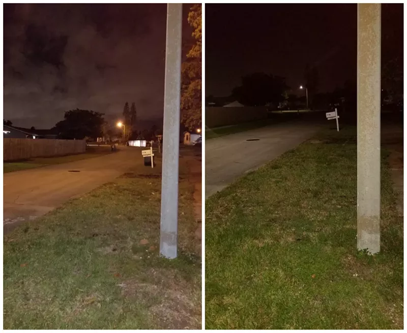 Image: Before LED installation (left) and after (right). Light poles are about 300 feet apart.