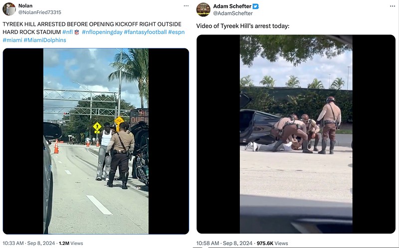 X users captured video of Miami-Dade motorcycle cops handcuffing Miami Dolphins star wide receiver Tyreek Hill outside Hard Rock Stadium before the team's NFL season opener against the Jacksonville Jaguars on Sunday, September 8, 2024.