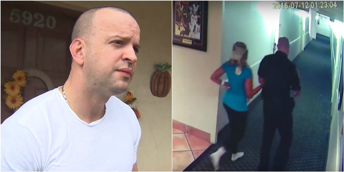 Miami Gardens Sgt. Javier Romaguera is being sued for an alleged on-duty sexual assault of a mentally ill woman. Surveillance footage shows him leading the woman into a hotel room in 2016.