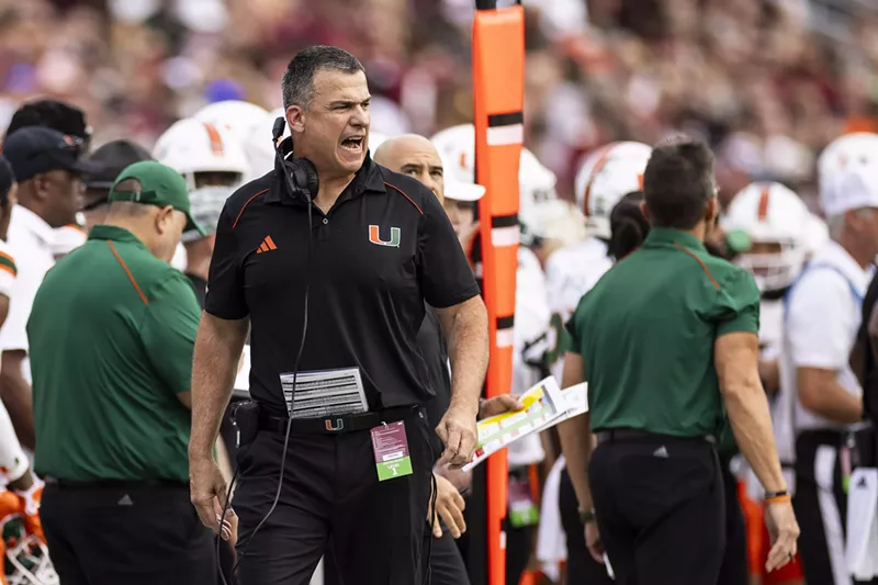 Image: Head coach Mario Cristobal of the Miami Hurricanes reacts during the first half of a game against the Florida State Seminoles at Doak Campbell Stadium on November 11, 2023.
