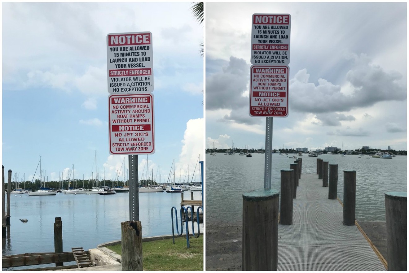 Signs at Dinner Key marina (left) and Watson Island (right) on July 10