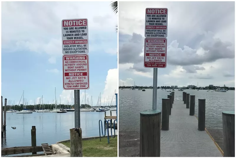 Image: Signs at Dinner Key marina (left) and Watson Island (right) on July 10