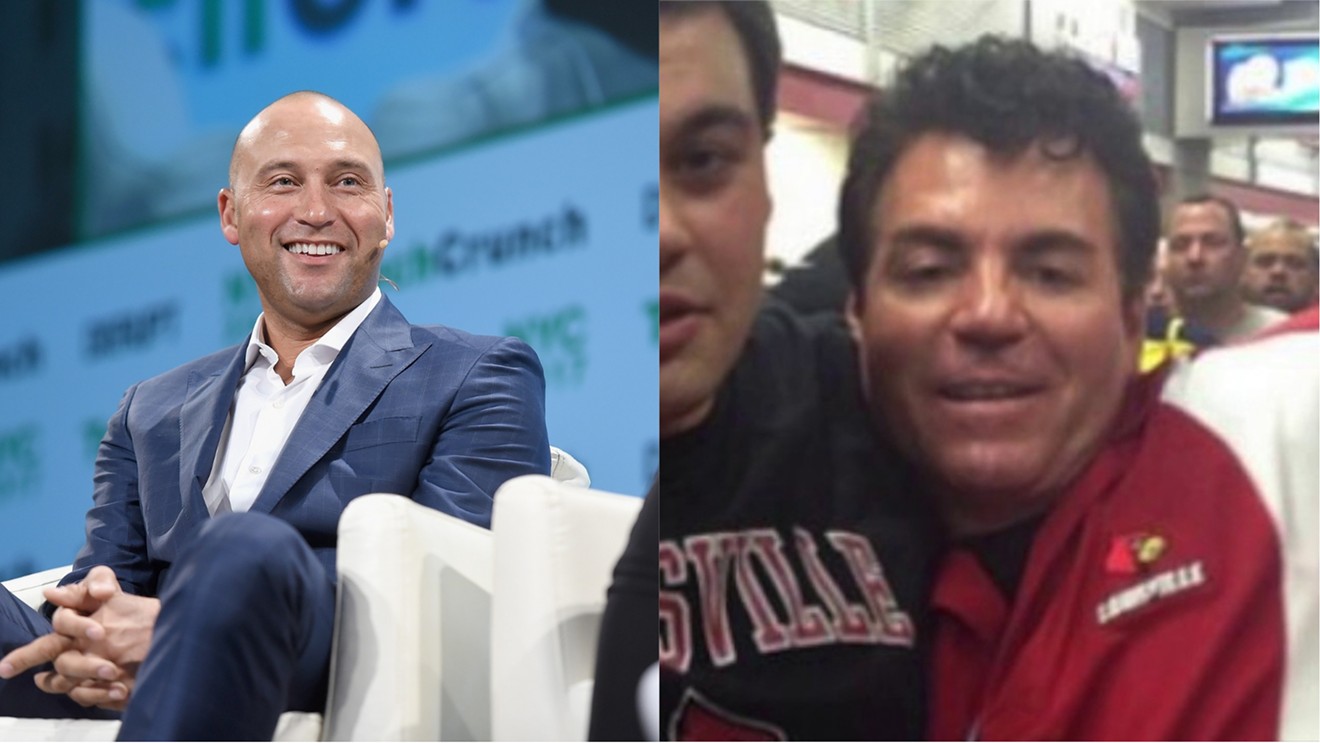 Marlins part-owner Derek Jeter (left) and a photo of a drunk, now-nothing-owner Papa John.