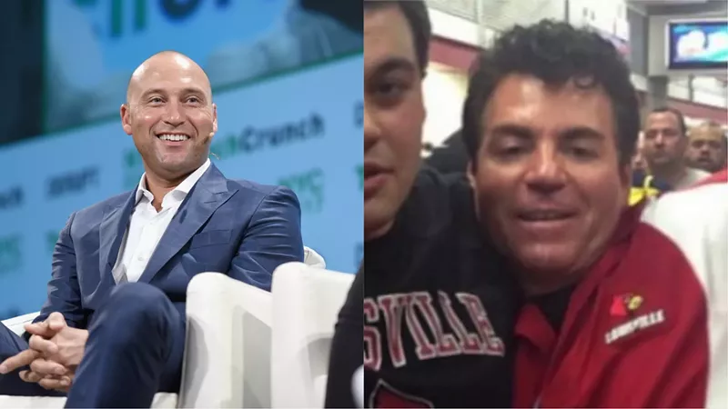 Image: Marlins part-owner Derek Jeter (left) and a photo of a drunk, now-nothing-owner Papa John.