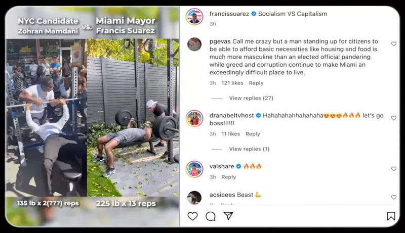 Image: A screenshot of a video in which Miami Mayor Francis Suarez compared himself bench pressing what appears to be more weight than New York City mayoral candidate Zohran Mamdani, who is shown lifting what many agree appears to be 135 pounds.