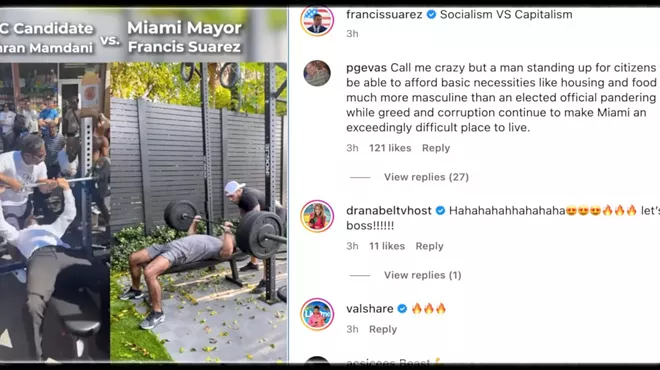 A screenshot of a video in which Miami Mayor Francis Suarez compared himself bench pressing what appears to be more weight than New York City mayoral candidate Zohran Mamdani, who is shown lifting what many agree appears to be 135 pounds.