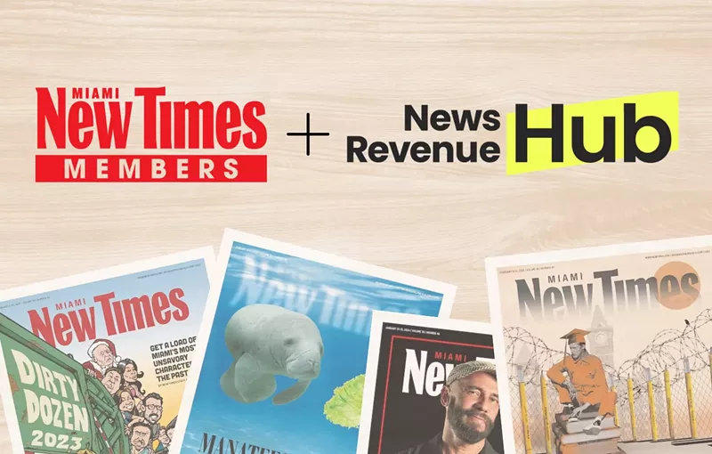 Image: color photo of several print issues of Miami New Times, fanned out on a light-wood table