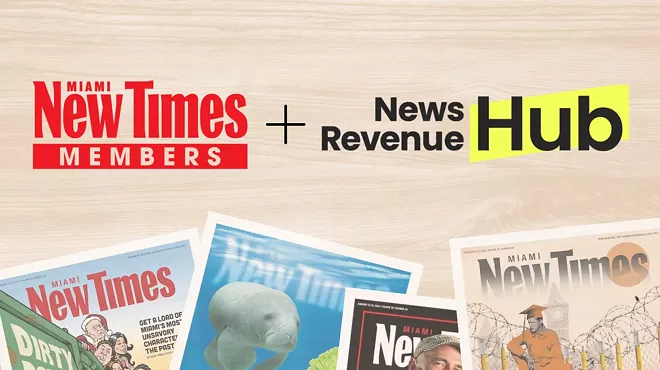color photo of several print issues of Miami New Times, fanned out on a light-wood table