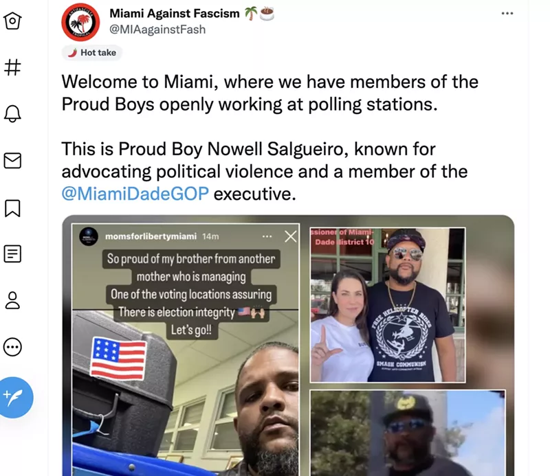 Image: The Twitter account Miami Against Fascism identified this poll worker as "Proud Boy Nowell Salgueiro, known for advocating political violence and a member of the @MamiDadeGOP executive [committee].