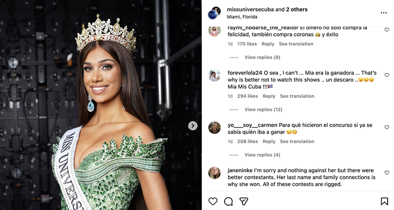 Image: screenshot of an Instagram post showing a pageant winner and negative comments about her win