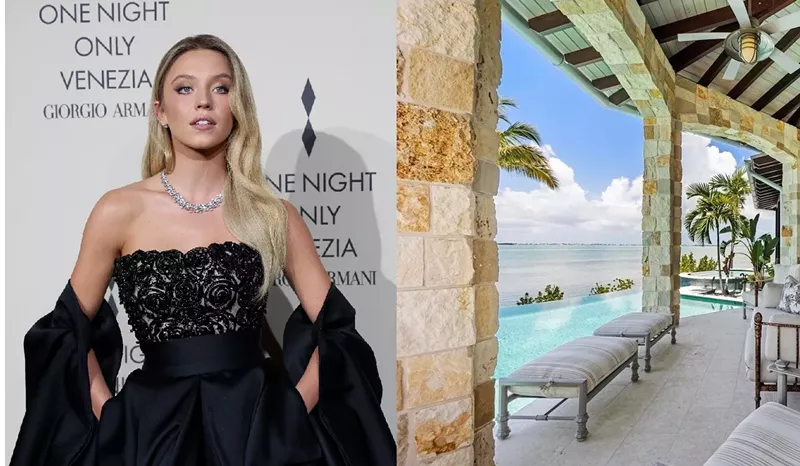 Image: Split photo - left, actress Sydney Sweeney in a black gown at a Giorgio Armani photocall in Venice, Italy; right, Sweeney's paradisiacal patio outside her Florida Keys home