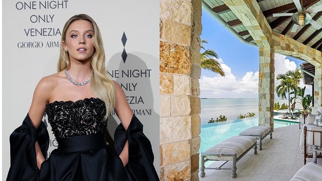 Split photo - left, actress Sydney Sweeney in a black gown at a Giorgio Armani photocall in Venice, Italy; right, Sweeney's paradisiacal patio outside her Florida Keys home