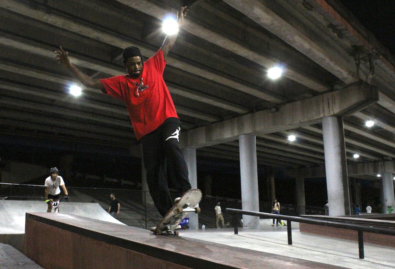 Miami skater Jordan Daley landing a freestyle trick at Lot 11 Skatepark.