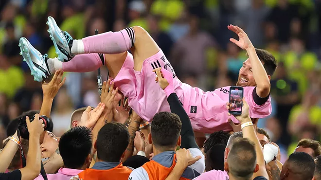 Soccer superstar Lionel Messi is hoisted by his teammates after Inter Miami's first tournament win