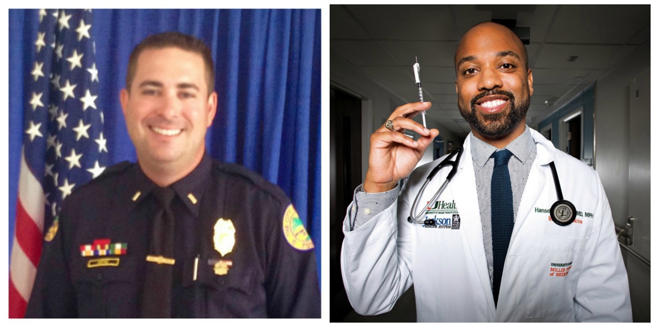 Miami police union head Javier Ortiz (left) and needle exchange director Dr. Hansel Tookes (right)