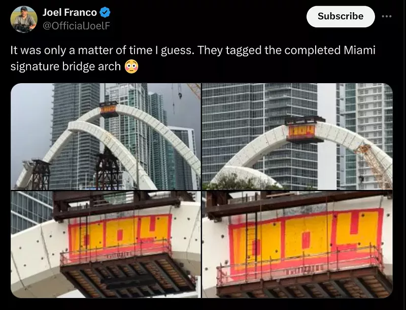 Image: A daring graffiti artist or crew tagged "004" atop Miami's Signature Bridge, sparking viral buzz and leaving the city wondering how they pulled off the audacious feat.